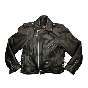 Interstate Leather Jacket Mens 42 Black Motorcycle Biker Belted Lace-Up Quilted